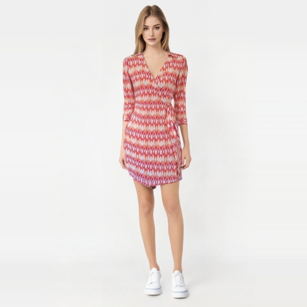 Julie Brown Multi-color Pink Orange and White Wrap Dress